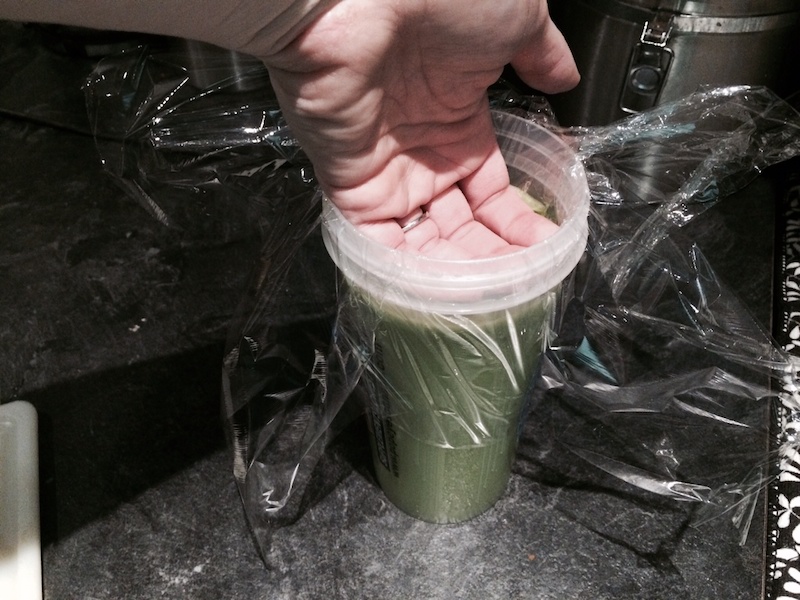 By putting saran wrap on the juice and storing in the fridge we make it last until the next day.